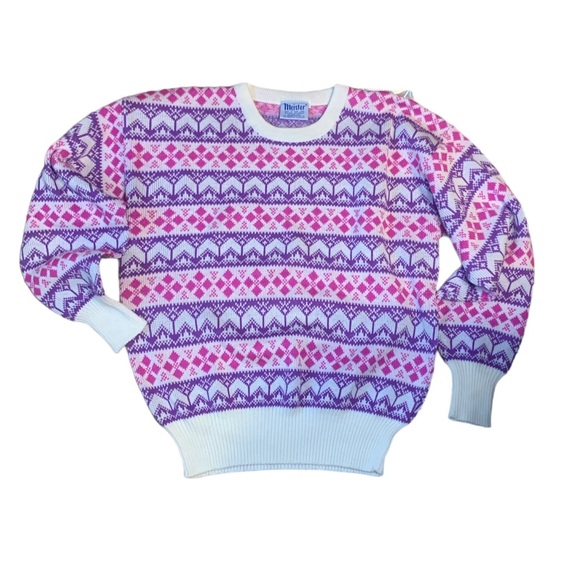80's Vtg Meister Pink & Purple Wool Blend Nordic Long Sleeve Pullover Ski - Picture 2 of 7